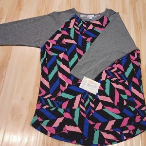 LulaRoe Randy with black pink blue green stripes. Gray sleeves. Size XL